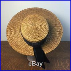 Vintage 1930s Ladies Straw Boater Hat Velvet Band Wide Brim Summer Boating Party