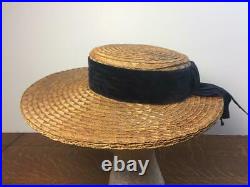 Vintage 1930s Ladies Straw Boater Hat Velvet Band Wide Brim Summer Boating Party