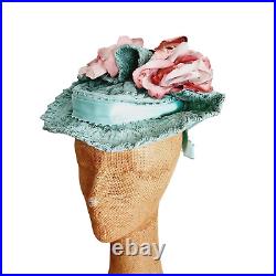 Vintage 1930s Milgrim Hat Blue Straw Pink Flowers