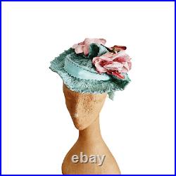 Vintage 1930s Milgrim Hat Blue Straw Pink Flowers