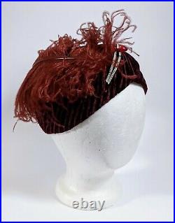 Vintage 1930s Velvet Feather Turban Hat Burgundy 30s VTG w Clear Red Bakelite