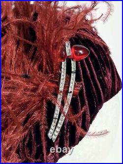 Vintage 1930s Velvet Feather Turban Hat Burgundy 30s VTG w Clear Red Bakelite