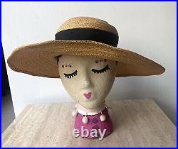 Vintage 1930s women's Stetson Fifth Ave Straw Wide brim Beach Bow hat Small 23