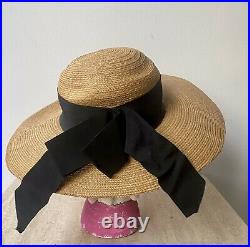 Vintage 1930s women's Stetson Fifth Ave Straw Wide brim Beach Bow hat Small 23