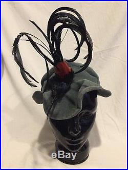 Vintage 1940's Legroux Women's Velvet Hat with Real Feathers