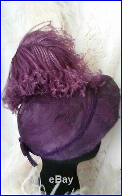 Vintage 1940's Violet HAT BONNET Lge OSTRICH FEATHER Purple Victorian Costume