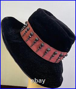 Vintage 1940s Black Velvet Wide Brim Hand Made Hat with Jet Beads YY453