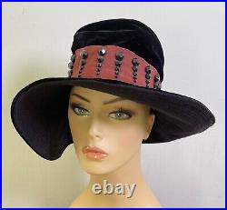 Vintage 1940s Black Velvet Wide Brim Hand Made Hat with Jet Beads YY453