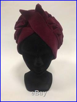 Vintage 1940s Burgundy Velvet Sculpted Tilt Turban Hat Antique Original Rare
