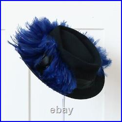 Vintage 1940s Designer Fred A. Block Hat Electric Blue Feathers Halo Picture Hat