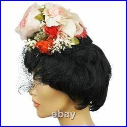 Vintage 1940s Fascinator Floral Tilt Hat Rose Flower Bouquet with Net Veil