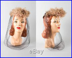 Vintage 1940s Hat 40s NEW YORK CREATION Pink Ostrich Feather Velvet Net Veil