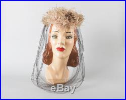 Vintage 1940s Hat 40s NEW YORK CREATION Pink Ostrich Feather Velvet Net Veil