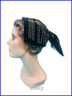 Vintage 1940s Headband Brown Velvet Beaded Ponytail Snood Hat