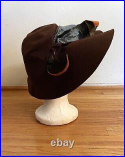 Vintage 1940s Jenny Cincinnati New York Creation Brown Felted Wool Wide Brim Hat