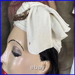 Vintage 1940s NY Creation White Crepe Moon Sequin Hat with Draped Swag