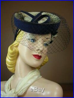 Vintage 1940s Navy Blue Felt Breton Tilt Toy Doll Hat New York Creation Veil K74