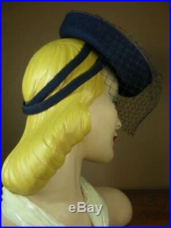 Vintage 1940s Navy Blue Felt Breton Tilt Toy Doll Hat New York Creation Veil K74