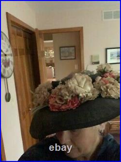 Vintage 1940s New York Creation Wide Brim Adjustable Floral Hat