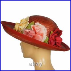 Vintage 1940s Red Straw Hat Wide Brim Flower Decoration Flore Deschamps Montreal