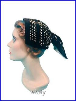 Vintage 1940s Snood Hat Brown Velvet Beaded Ponytail Headband