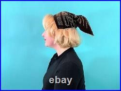 Vintage 1940s Snood Hat Brown Velvet Beaded Ponytail Headband