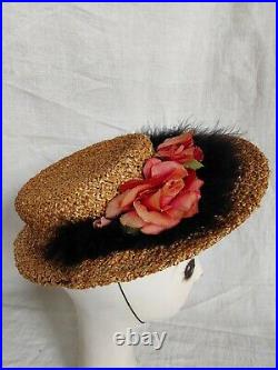 Vintage 1940s Straw Swansdown Velvet Flower Tilt Hat by Milgrim 40s