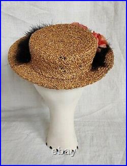 Vintage 1940s Straw Swansdown Velvet Flower Tilt Hat by Milgrim 40s
