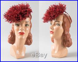 Vintage 1940s Tilt Hat 40s Velvet Burgundy Red Pom Pom Jaunty Evening Formal Hat