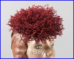 Vintage 1940s Tilt Hat 40s Velvet Burgundy Red Pom Pom Jaunty Evening Formal Hat