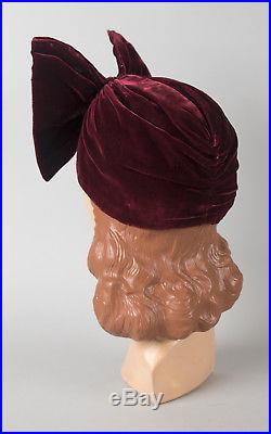 Vintage 1940s Turban 40s Burgundy Silk Velvet Big Bow Hat