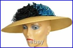 Vintage 1940s Wide Brim Straw Hat with Silk Decoration Flore Deschamps Montreal
