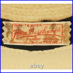 Vintage 1940s Wide Brim Straw Hat with Silk Decoration Flore Deschamps Montreal