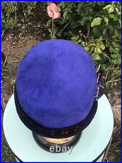 Vintage 1950 Talbert Women's Embroidery Blue Wool Hat Made In West Germany