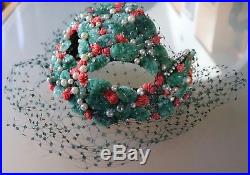 Vintage 1950's Bes-Ben Ladies Hat Glass Floral Beads, Jade, Coral & Pearls