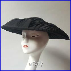Vintage 1950's Christian Dior Black Pleated Ladies Wide Brim Saucer Hat New Look