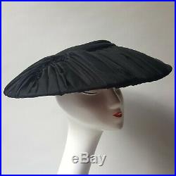 Vintage 1950's Christian Dior Black Pleated Ladies Wide Brim Saucer Hat New Look