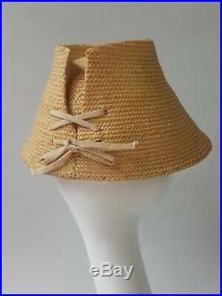 Vintage 1950's Christian Dior Ladies Woven Straw Conical Summer Hat with Ribbon
