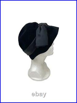Vintage 1950's Christian Dior New Look Black Velvet Cloche Hat With Bow