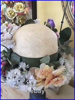 Vintage 1950's Ladies Natural Straw Hat Covered In Huge Millenary Flowers Easter