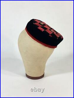 Vintage 1950's WHIMSICAL red & black velvet checkerboard checkers toque hat MINT