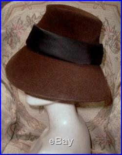 Vintage 1950s DIOR French Felt Hat Mushroom Brim Chimney Crown Cocoa & Black
