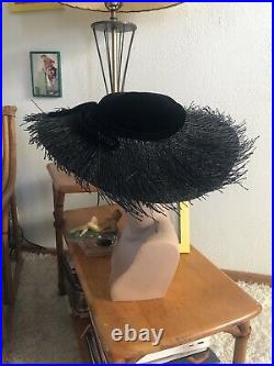 Vintage 1950s Hat Black Straw Velvet Resort Sun Pinup Rockabilly 50s