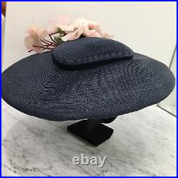 Vintage 1950s Navy Blue Straw Wide Brim Saucer Hat Millinery Henry Margu Flowers