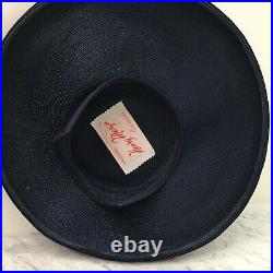 Vintage 1950s Navy Blue Straw Wide Brim Saucer Hat Millinery Henry Margu Flowers