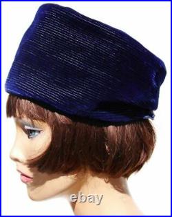 Vintage 1950s Pillbox Hat Pierre Balmain Blue Velvet