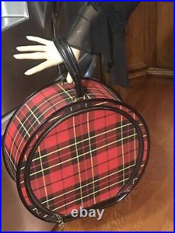 Vintage 1950s Plaid Round Hat Box Carry Case with BRASS LOCK & KEY FABRIC