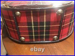 Vintage 1950s Plaid Round Hat Box Carry Case with BRASS LOCK & KEY FABRIC