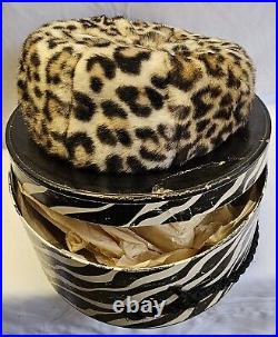 Vintage 1960's Leopard Print Pill Box Hat with Original Box Kentucky Derby Cap