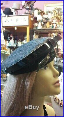 Vintage 1960`s MOD Christian Dior Chapeaux Patent Leather Beret Topper Style Hat